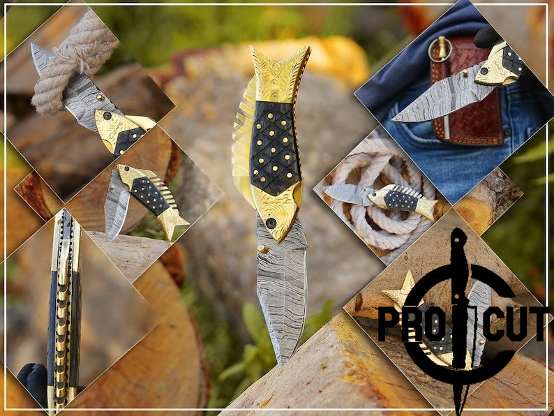 Pro Cut Trout Cutter - Hand Engraved Damascus Steel Fish Folding Pocket Knife , Best Knife Gift for Fishermen