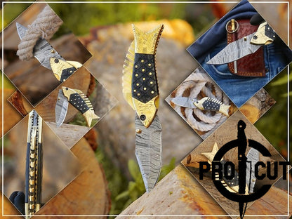 Pro Cut Trout Cutter - Hand Engraved Damascus Steel Fish Folding Pocket Knife , Best Knife Gift for Fishermen