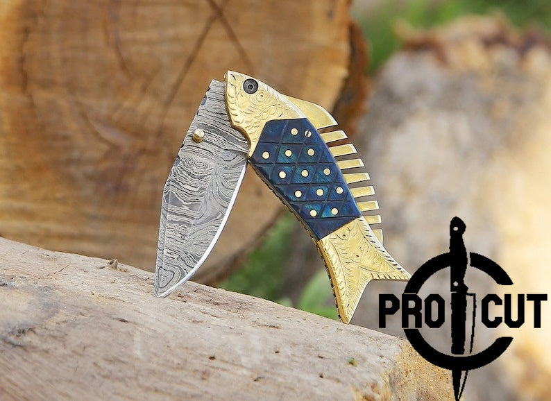Pro Cut Trout Cutter - Damacus Steel Hand Engraved EDC Pocket folding Fish Knife With Leather Pouch