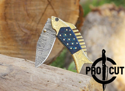 Pro Cut Trout Cutter - Damacus Steel Hand Engraved EDC Pocket folding Fish Knife With Leather Pouch