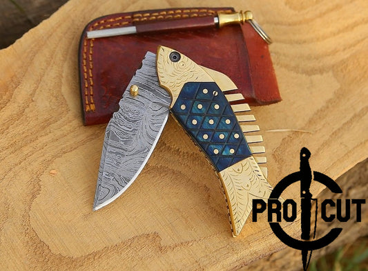 Pro Cut Trout Cutter - Damacus Steel Hand Engraved EDC Pocket folding Fish Knife With Leather Pouch