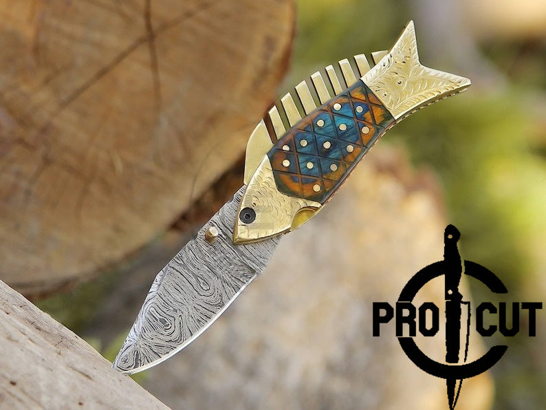 Pro Cut Trout Cutter - Handmade Damascus Pocket Knife Fish Folding knife Gift for men, Women on Birthday, Wedding Anniversary Gift for Husband