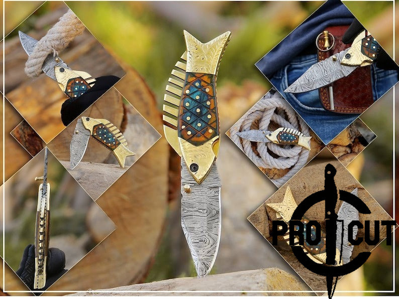 Pro Cut Trout Cutter - Handmade Damascus Pocket Knife Fish Folding knife Gift for men, Women on Birthday, Wedding Anniversary Gift for Husband