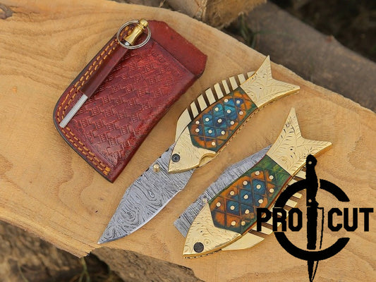 Pro Cut Trout Cutter - Handmade Damascus Pocket Knife Fish Folding knife Gift for men, Women on Birthday, Wedding Anniversary Gift for Husband