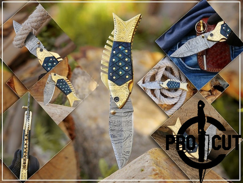 Pro Cut Trout Cutter - Damacus Steel Hand Engraved EDC Pocket folding Fish Knife With Leather Pouch