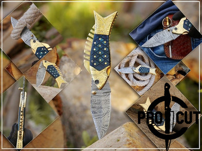 Pro Cut Trout Cutter - Damacus Steel Hand Engraved EDC Pocket folding Fish Knife With Leather Pouch