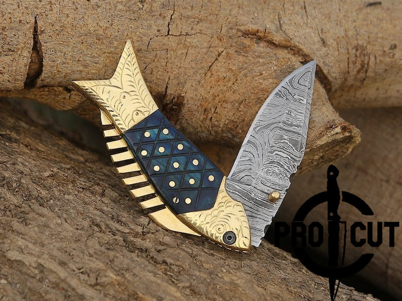 Pro Cut Trout Cutter - Damacus Steel Hand Engraved EDC Pocket folding Fish Knife With Leather Pouch