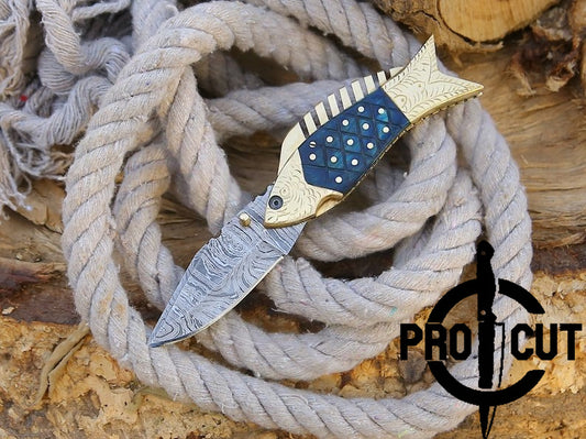Pro Cut Trout Cutter - Damacus Steel Hand Engraved EDC Pocket folding Fish Knife With Leather Pouch