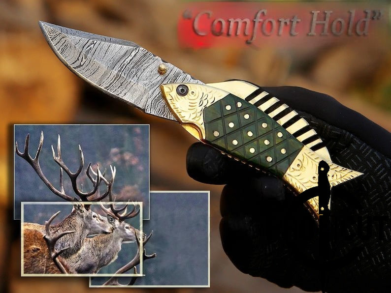 Pro Cut Trout Cutter - Damascus Steel Foldable EDC Pocket Knife With Hand Engraved Brass Handle