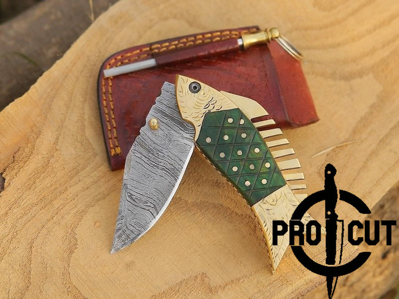 Pro Cut Trout Cutter - Damascus Steel Foldable EDC Pocket Knife With Hand Engraved Brass Handle