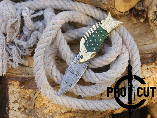 Pro Cut Trout Cutter - Damascus Steel Foldable EDC Pocket Knife With Hand Engraved Brass Handle