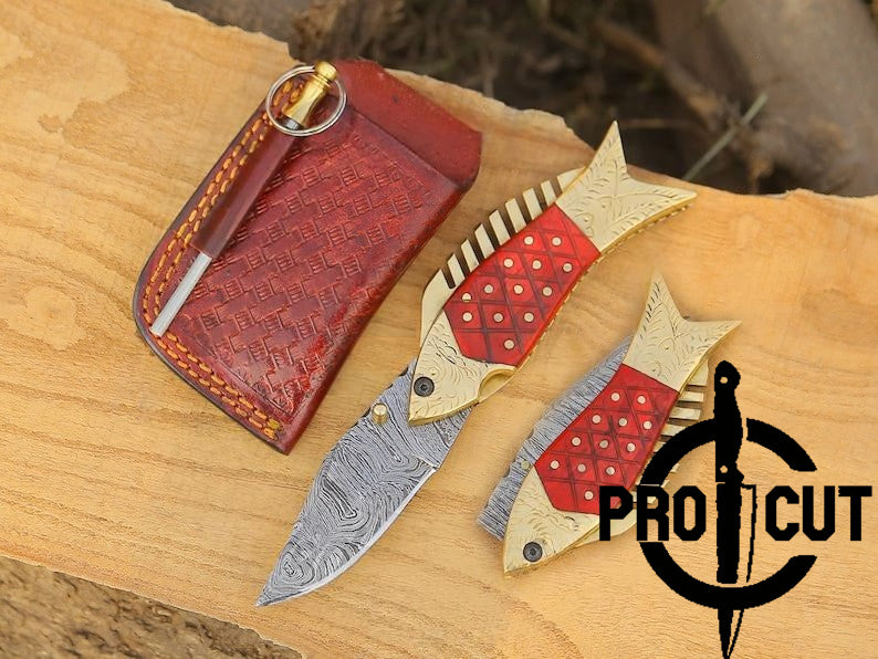 Pro Cut Trout Cutter - Damascus Steel Fish Folding EDC Pocket Knife with Red Wood Handle