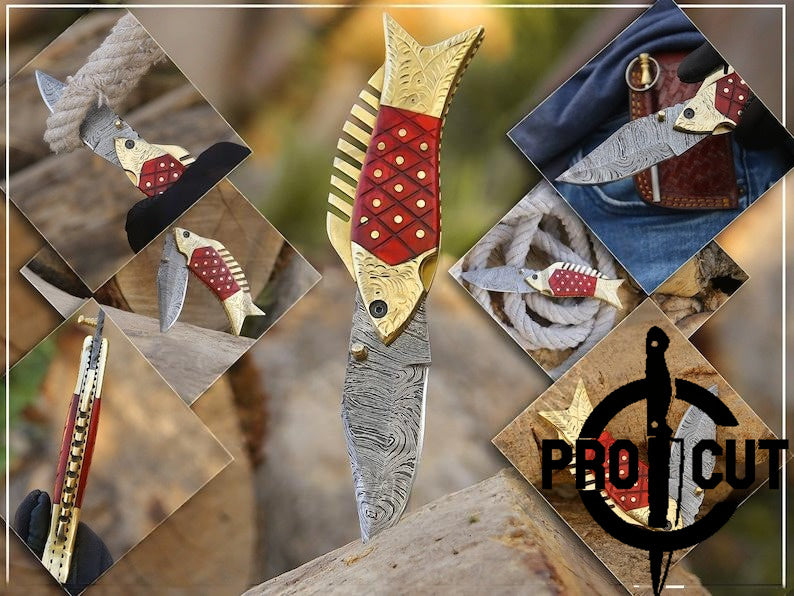 Pro Cut Trout Cutter - Damascus Steel Fish Folding EDC Pocket Knife with Red Wood Handle