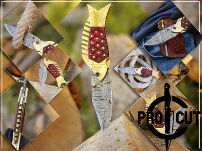 Pro Cut Trout Cutter -Handmade Fish Pocket Knife Damascus Folding Knife Red Handle Special Gift for Any Occasion