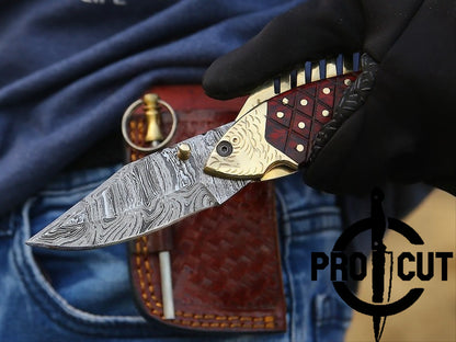 Pro Cut Trout Cutter -Handmade Fish Pocket Knife Damascus Folding Knife Red Handle Special Gift for Any Occasion