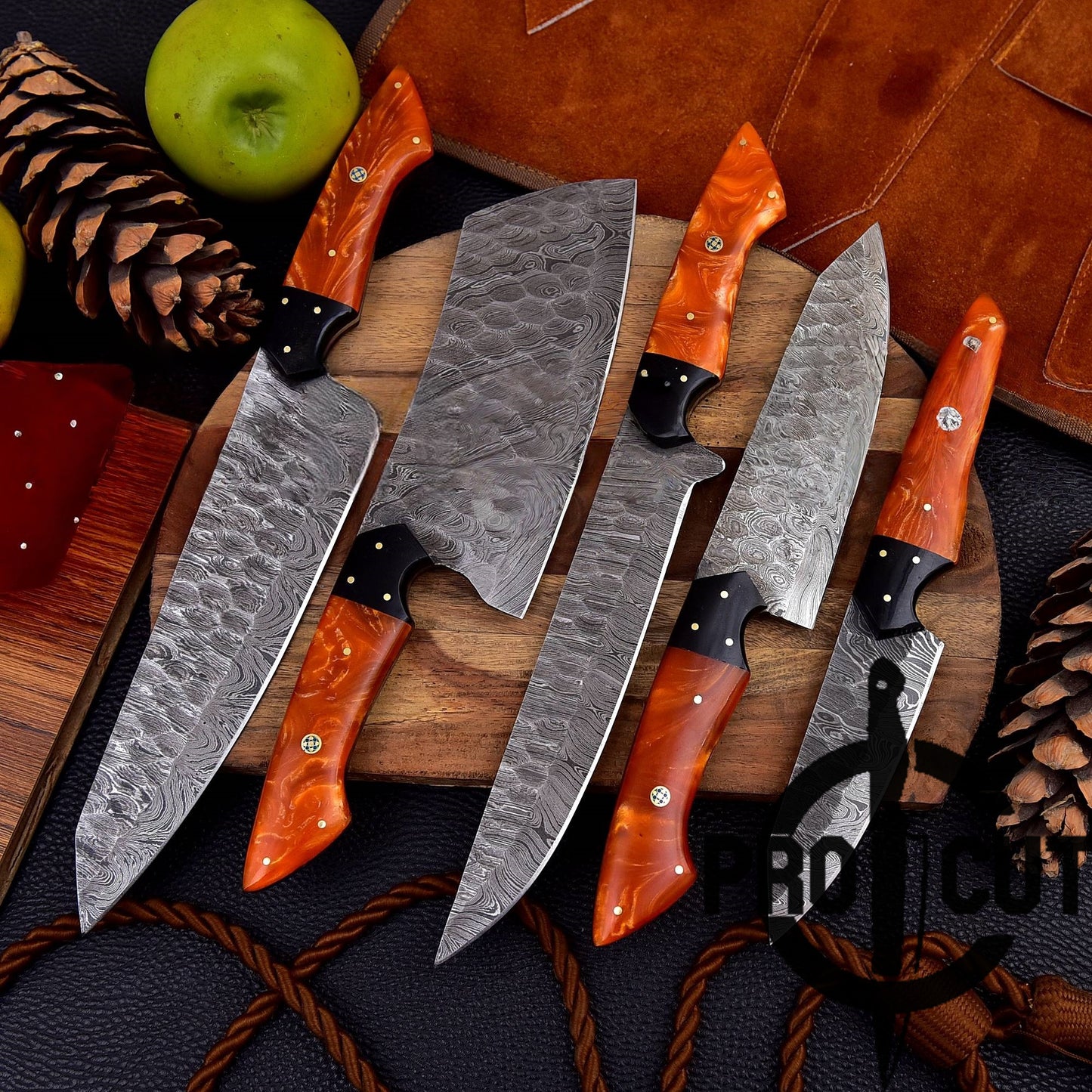 Pro Cut Forge Heart Damascus Steel Chef Set - Orange Resin Handle
