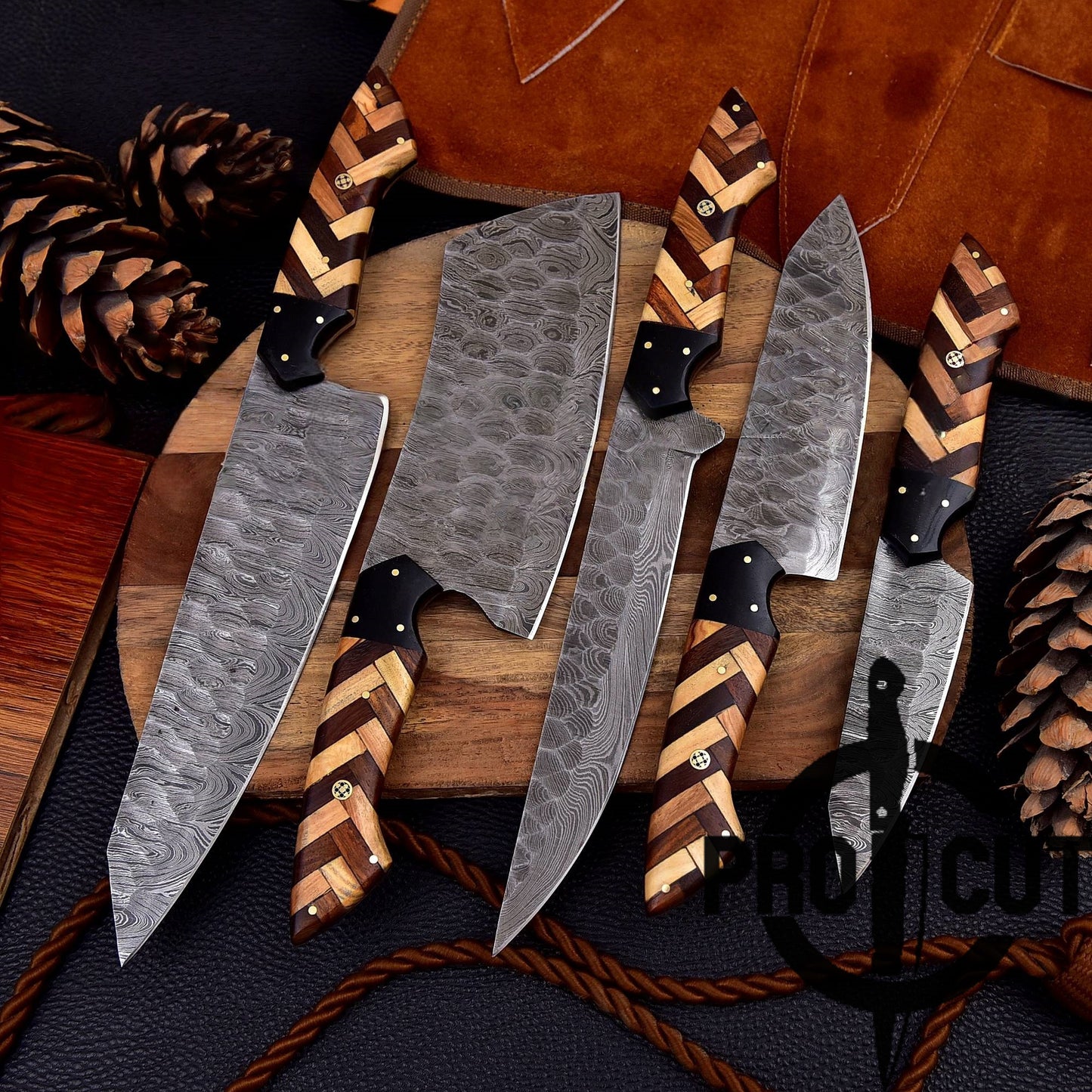 Pro Cut Forge Heart Damascus Steel Chef Set - Olive & Rosewood Handle