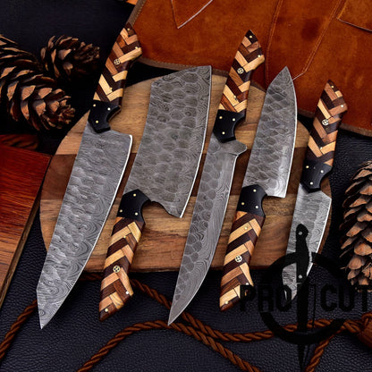 Pro Cut Forge Heart Damascus Steel Chef Set - Olive & Rosewood Handle
