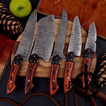 Pro Cut Forge Heart- Damascus Steel Chef Set with Red & Black Wood Handle