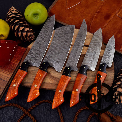 Pro Cut Forge Heart Damascus Steel Chef Set - Orange Resin Handle