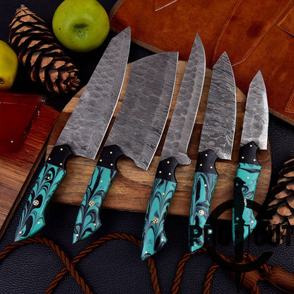 Pro Cut Forge Heart - Damascus Steel Chef Set with Epoxy Resin Handle