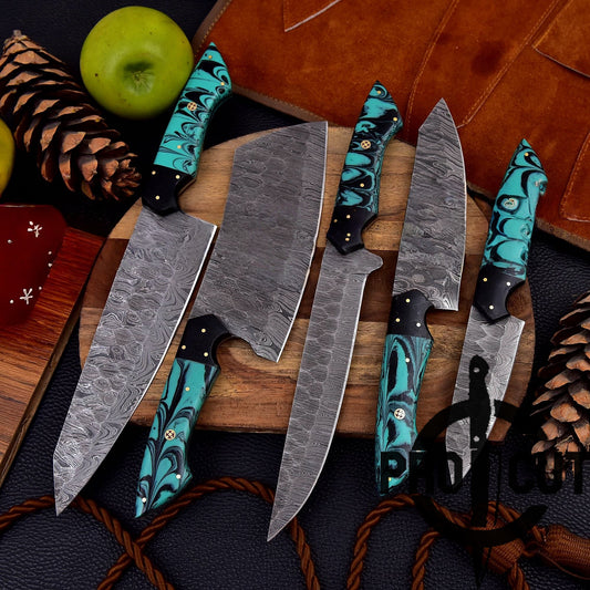 Pro Cut Forge Heart - Damascus Steel Chef Set with Epoxy Resin Handle