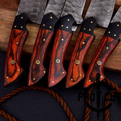 Pro Cut Forge Heart- Damascus Steel Chef Set with Red & Black Wood Handle