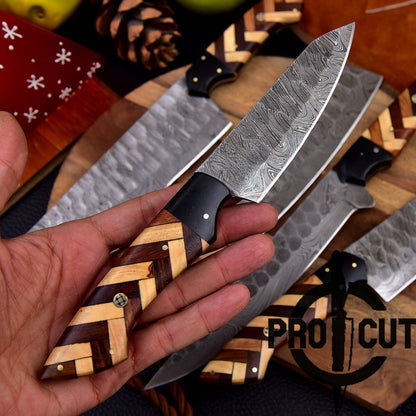 Pro Cut Forge Heart Damascus Steel Chef Set - Olive & Rosewood Handle