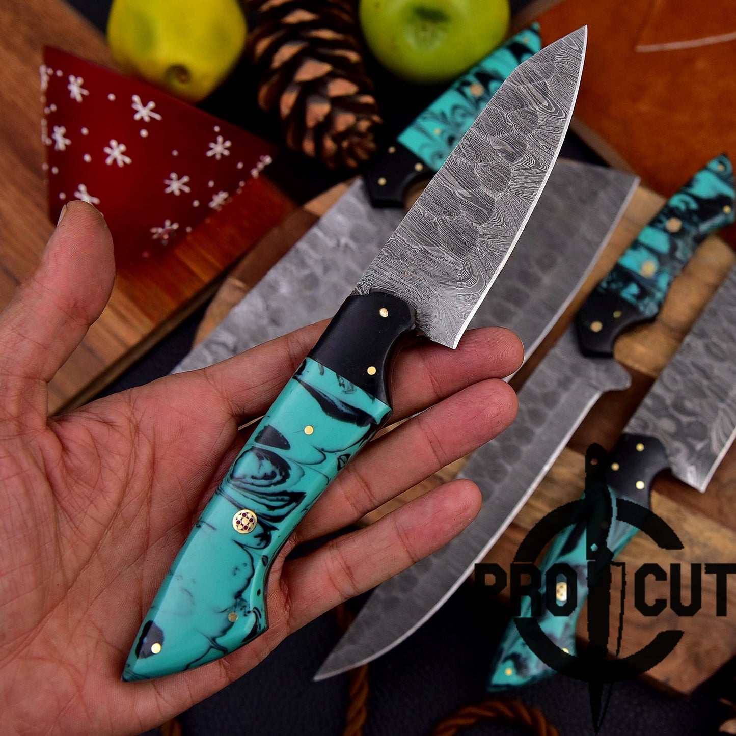 Pro Cut Forge Heart - Damascus Steel Chef Set with Epoxy Resin Handle