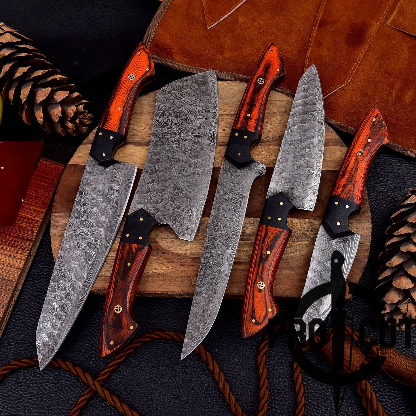 Pro Cut Forge Heart- Damascus Steel Chef Set with Red & Black Wood Handle