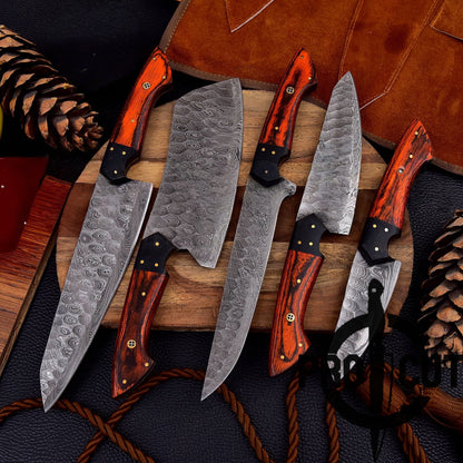 Pro Cut Forge Heart- Damascus Steel Chef Set with Red & Black Wood Handle