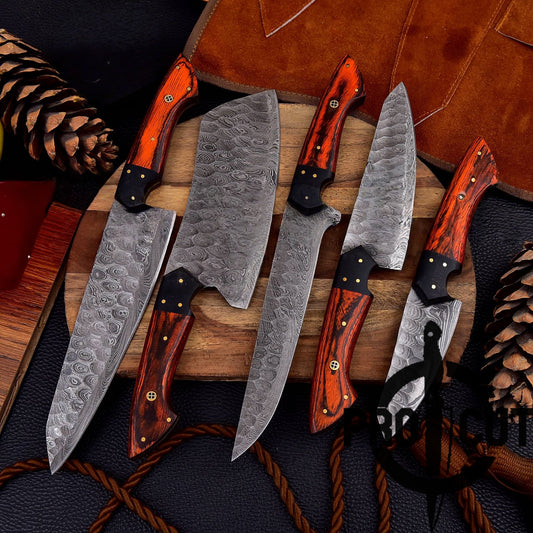 Pro Cut Forge Heart- Damascus Steel Chef Set with Red & Black Wood Handle