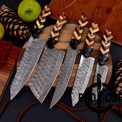 Pro Cut Forge Heart Damascus Steel Chef Set - Olive & Rosewood Handle