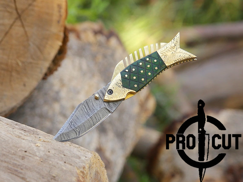 Pro Cut Trout Cutter - Damascus Steel Foldable EDC Pocket Knife With Hand Engraved Brass Handle
