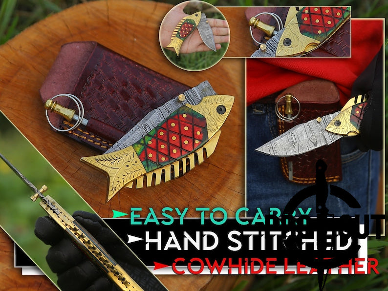 Pro Cut Trout Cutter -Handmade Damascus Steel Pocket Fishing Folding Knife | Camping Knife Halloween Gift