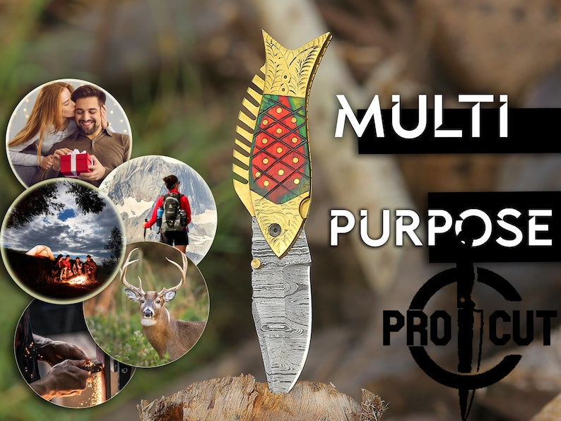 Pro Cut Trout Cutter -Handmade Damascus Steel Pocket Fishing Folding Knife | Camping Knife Halloween Gift