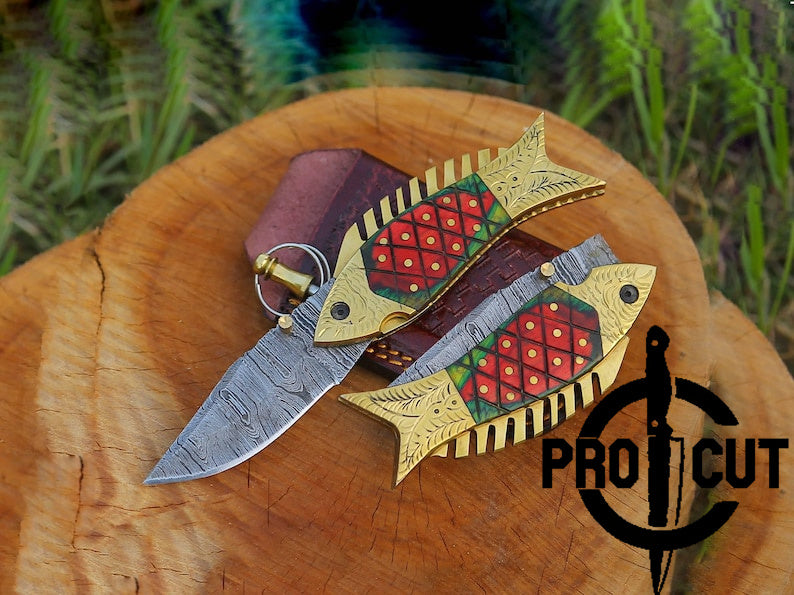 Pro Cut Trout Cutter -Handmade Damascus Steel Pocket Fishing Folding Knife | Camping Knife Halloween Gift