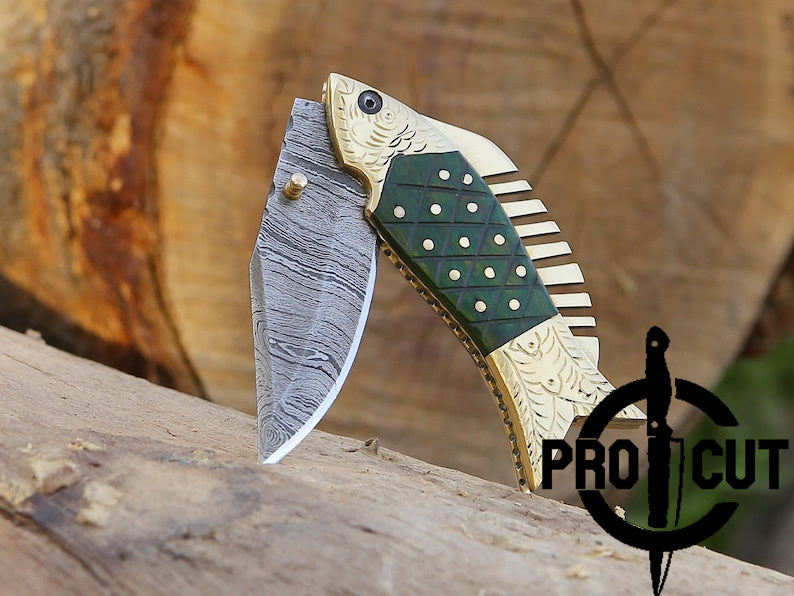 Pro Cut Trout Cutter - Damascus Steel Foldable EDC Pocket Knife With Hand Engraved Brass Handle