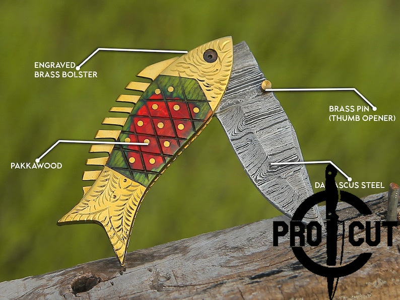 Pro Cut Trout Cutter -Handmade Damascus Steel Pocket Fishing Folding Knife | Camping Knife Halloween Gift