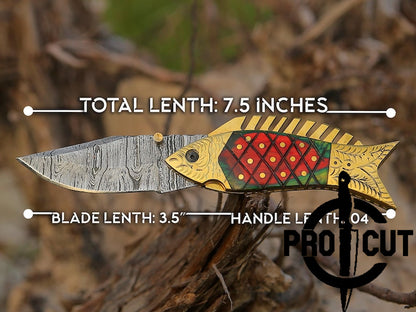 Pro Cut Trout Cutter -Handmade Damascus Steel Pocket Fishing Folding Knife | Camping Knife Halloween Gift