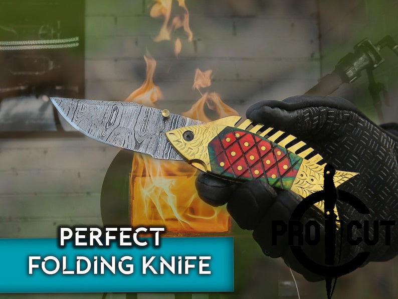 Pro Cut Trout Cutter -Handmade Damascus Steel Pocket Fishing Folding Knife | Camping Knife Halloween Gift